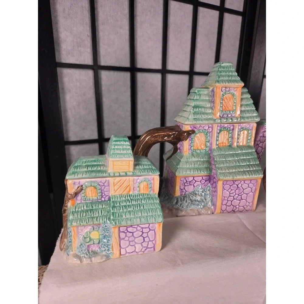 Vintage Halloween Haunted House Ceramic Teapot Sugar and Creamer Set Ghosts